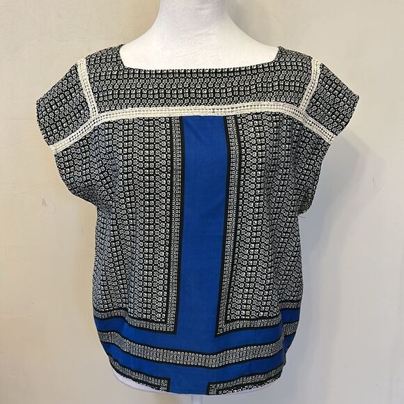 MIXXO black royal blue square neck cut out blouse Size M EUC - Picture 2 of 7